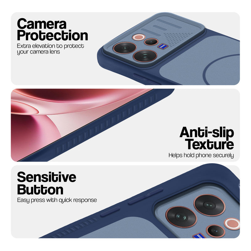 Blue phone case for Vivo V70 5G showing camera safety edges, anti slip side grip and easy press button covers.