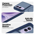 Blue phone case for Vivo V70 FE 5G showing camera safety edges, anti slip side grip and easy press button covers.