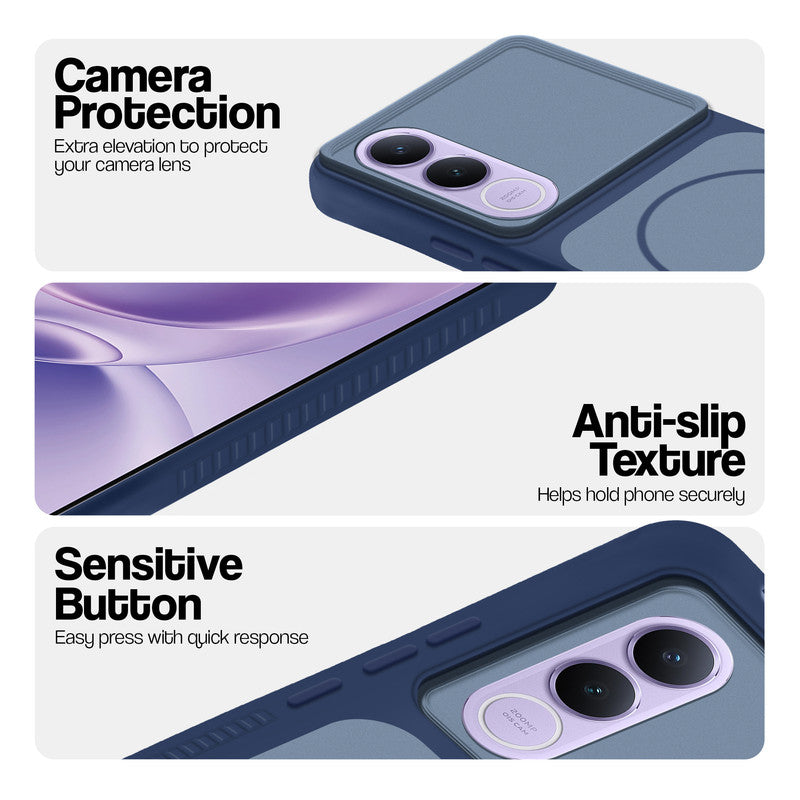 Blue phone case for Vivo V70 FE 5G showing camera safety edges, anti slip side grip and easy press button covers.