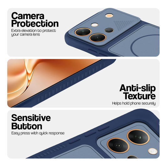 Blue phone case for Vivo V80 5G showing camera safety edges, anti slip side grip and easy press button covers.