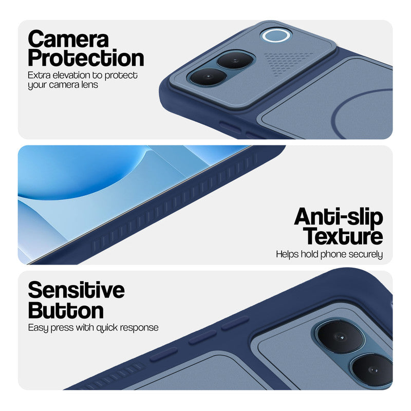 Blue phone case for Vivo V80 Lite 5G showing camera safety edges, anti slip side grip and easy press button covers.