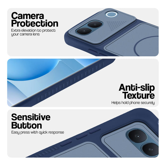 Blue phone case for Vivo V80 Lite 5G showing camera safety edges, anti slip side grip and easy press button covers.