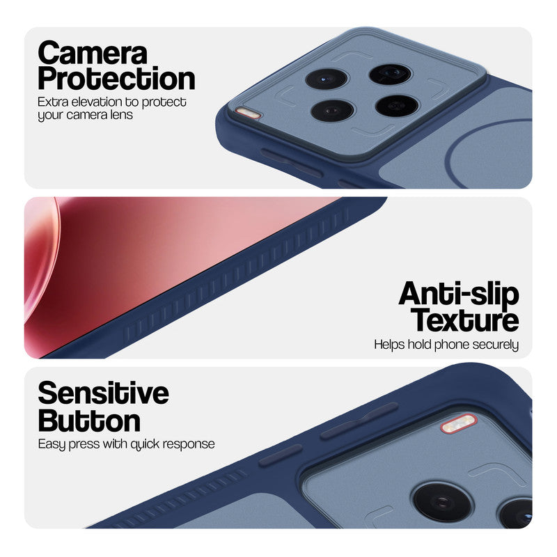 Blue phone case forMotorola Vivo X300 5G showing camera safety edges, anti slip side grip and easy press button covers.