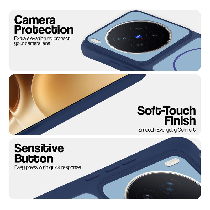 Blue phone case for Vivo X300 Pro 5G showing camera safety edges, anti slip side grip and easy press button covers.