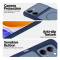 Blue phone case for Vivo Y05 4G showing camera safety edges, anti slip side grip and easy press button covers.