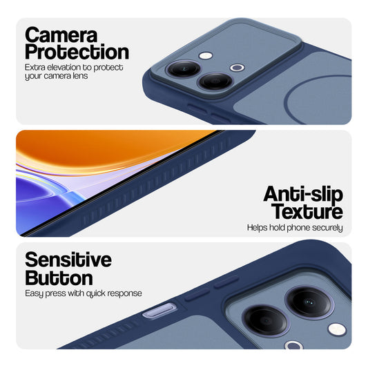 Blue phone case for Vivo Y05 4G showing camera safety edges, anti slip side grip and easy press button covers.