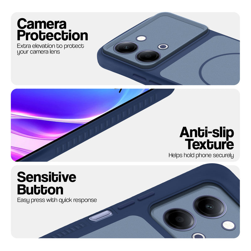 Blue phone case for Vivo Y11 5G showing camera safety edges, anti slip side grip and easy press button covers.