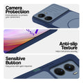 Blue phone case for Vivo Y16 showing camera safety edges, anti slip side grip and easy press button covers.