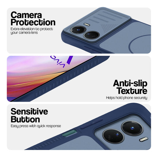 Blue phone case for Vivo Y16 showing camera safety edges, anti slip side grip and easy press button covers.