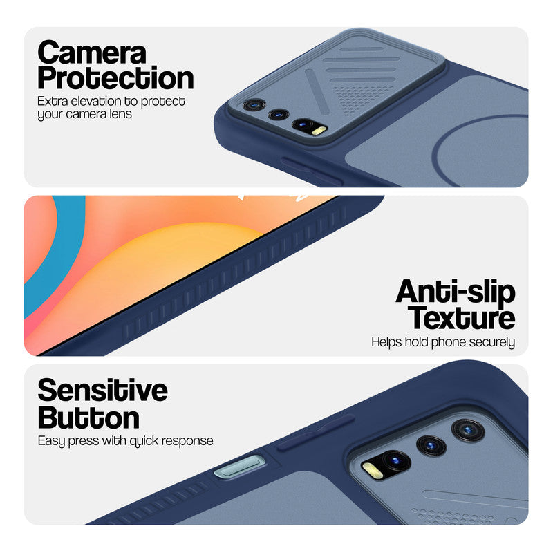 Blue phone case for Vivo Y20 showing camera safety edges, anti slip side grip and easy press button covers.