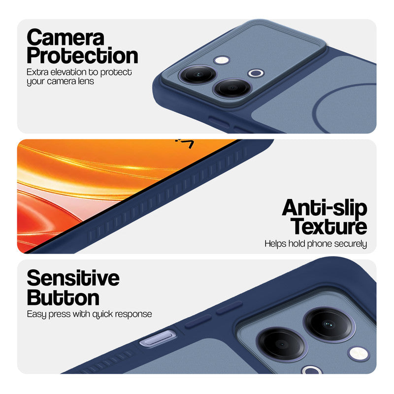 Blue phone case for Vivo Y21 5G showing camera safety edges, anti slip side grip and easy press button covers.