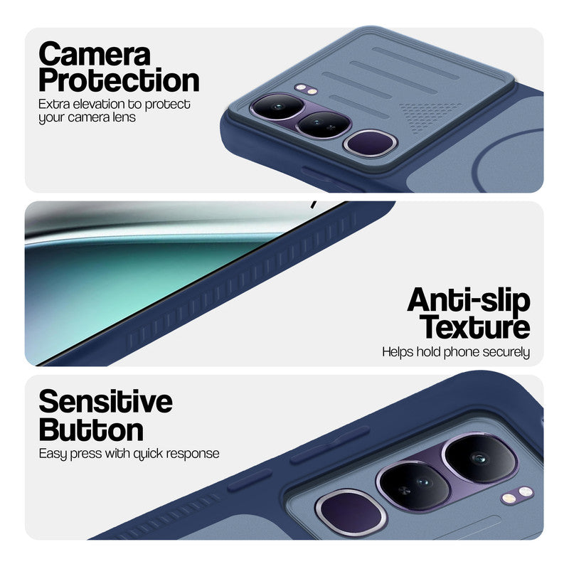 Blue phone case for Vivo Y300 5G showing camera safety edges, anti slip side grip and easy press button covers.