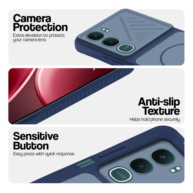 Blue phone case for Vivo Y31 Pro 5G showing camera safety edges, anti slip side grip and easy press button covers.