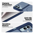 Blue phone case for Vivo Y31 5G showing camera safety edges, anti slip side grip and easy press button covers.