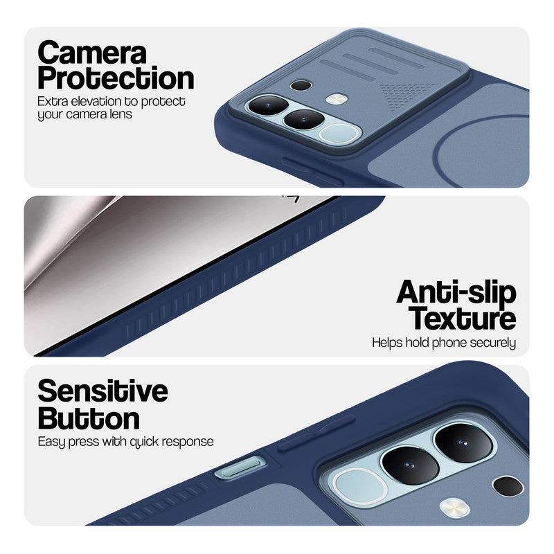 Blue phone case for Vivo Y31 5G showing camera safety edges, anti slip side grip and easy press button covers.