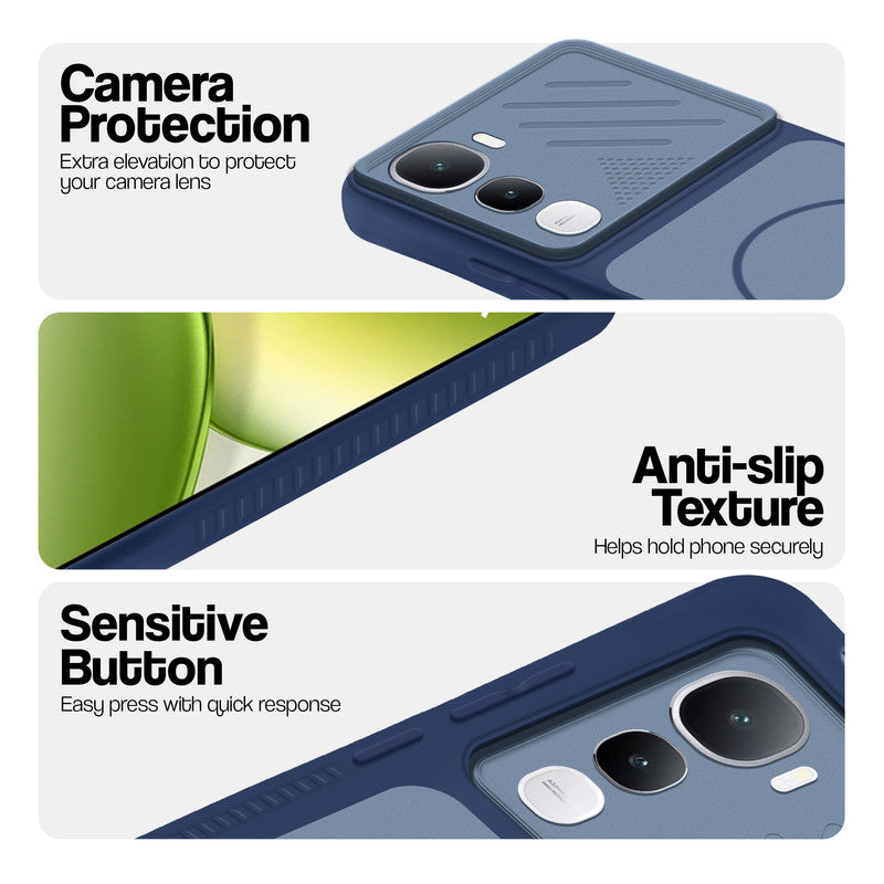 Blue phone case for Vivo Y400 5G showing camera safety edges, anti slip side grip and easy press button covers.