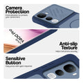 Blue phone case for Vivo Y400 Pro 5G showing camera safety edges, anti slip side grip and easy press button covers.