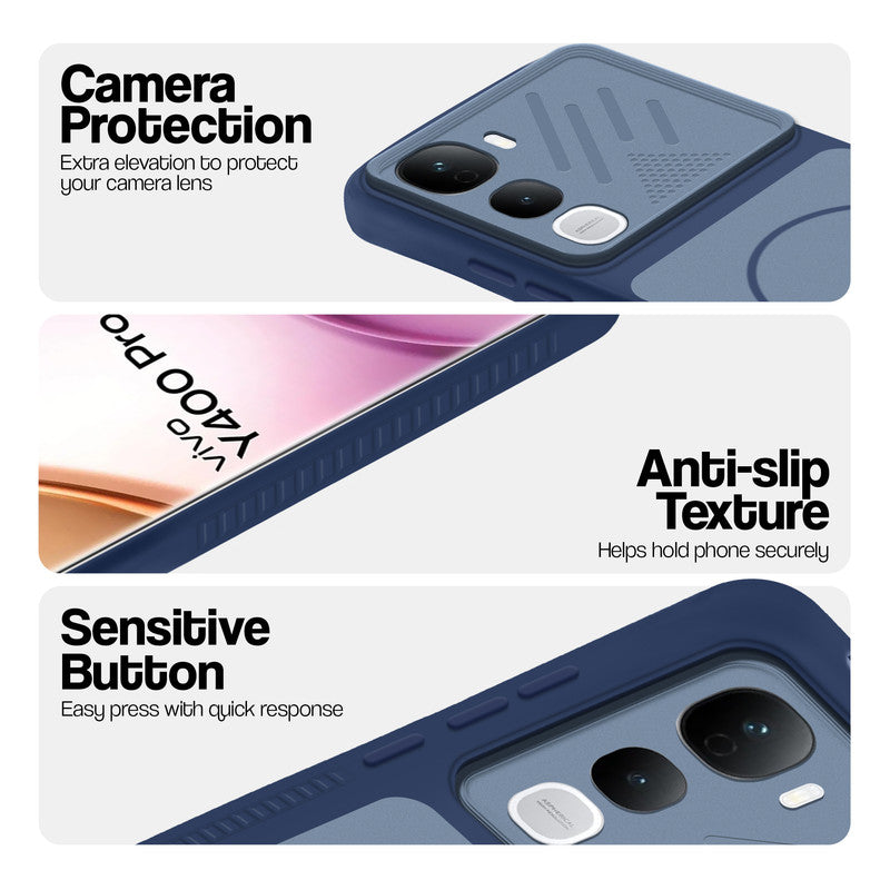 Blue phone case for Vivo Y400 Pro 5G showing camera safety edges, anti slip side grip and easy press button covers.