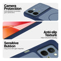 Blue phone case for Vivo Y51 Pro 5G showing camera safety edges, anti slip side grip and easy press button covers.