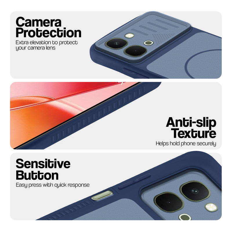 Blue phone case for Vivo Y51 Pro 5G showing camera safety edges, anti slip side grip and easy press button covers.