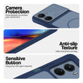 Blue phone case for Vivo Y56 5G showing camera safety edges, anti slip side grip and easy press button covers.