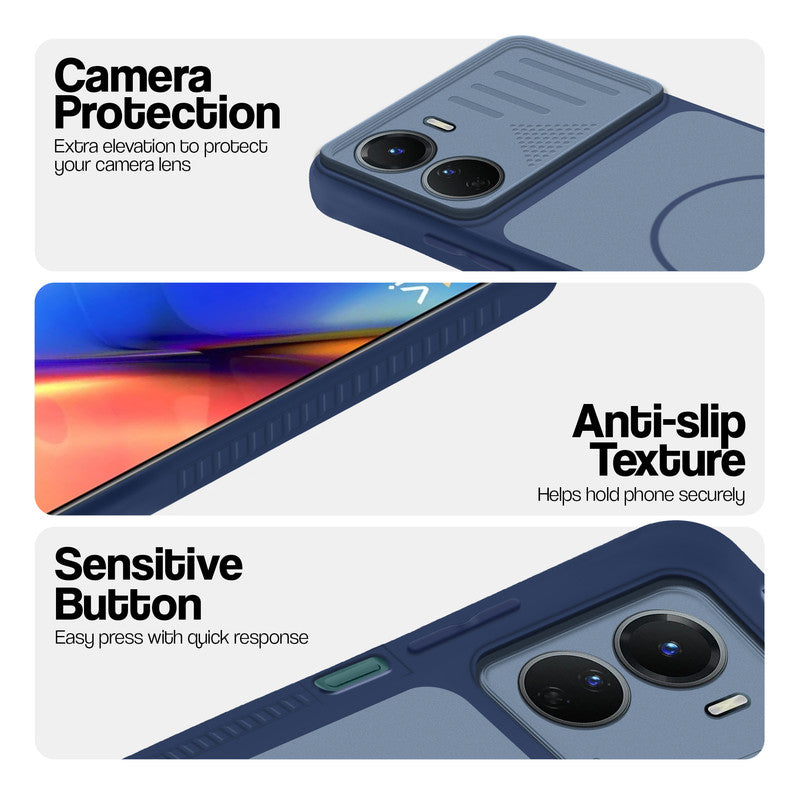Blue phone case for Vivo Y56 5G showing camera safety edges, anti slip side grip and easy press button covers.