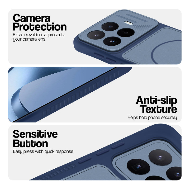 Blue phone case for Xiaomi 17T 5G showing camera safety edges, anti slip side grip and easy press button covers.
