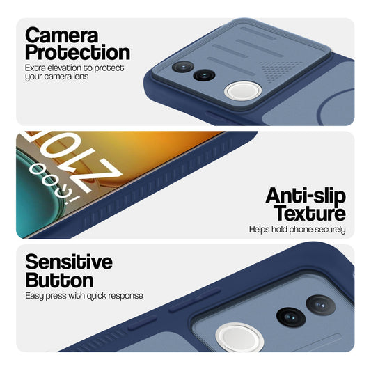 Blue phone case for iQOO Z10R 5G showing camera safety edges, anti slip side grip and easy press button covers.