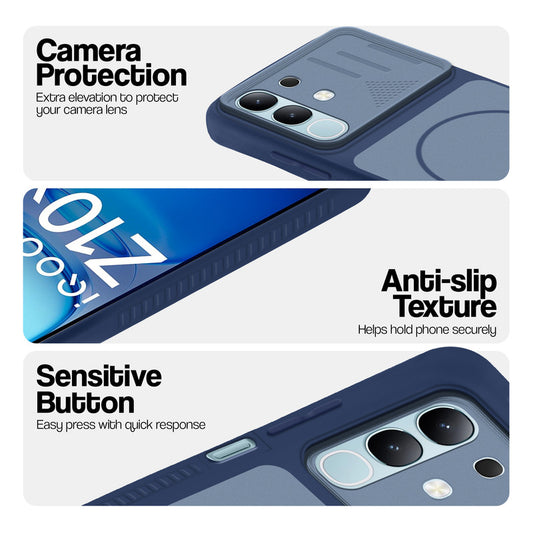 Blue phone case for iQOO Z10X 5G showing camera safety edges, anti slip side grip and easy press button covers.