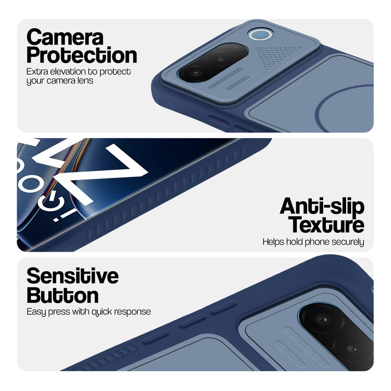 Blue phone case for iQOO Z11 5G showing camera safety edges, anti slip side grip and easy press button covers.