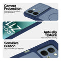 Blue phone case for iQOO Z11x 5G showing camera safety edges, anti slip side grip and easy press button covers.