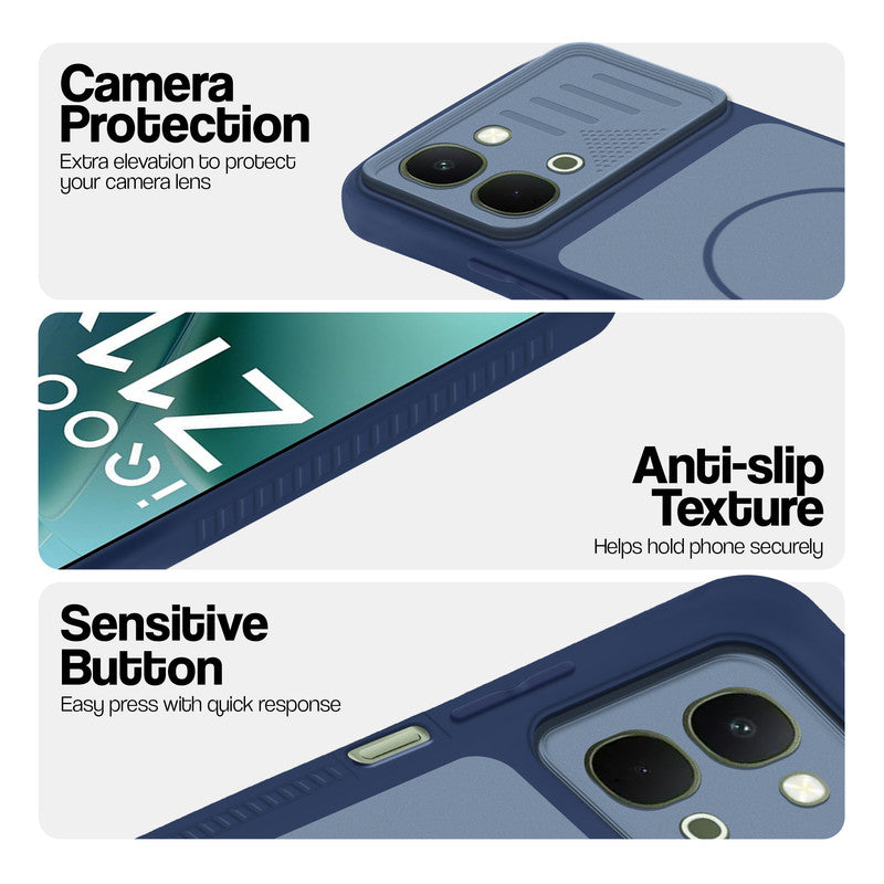 Blue phone case for iQOO Z11x 5G showing camera safety edges, anti slip side grip and easy press button covers.