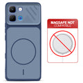 Blue back cover for Infinix Note Edge with printed ring pattern and message showing not compatible with MagSafe charging.