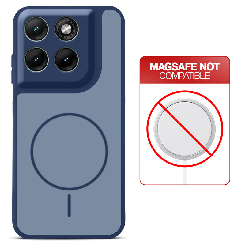 Blue back cover for Motorola G37 5G with printed ring pattern and message showing not compatible with MagSafe charging.