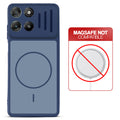 Blue back cover for Motorola G57 Power 5G with printed ring pattern and message showing not compatible with MagSafe charging.