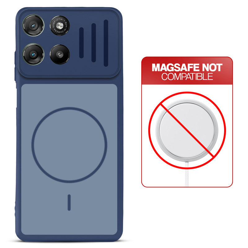 Blue back cover for Motorola G57 Power 5G with printed ring pattern and message showing not compatible with MagSafe charging.