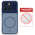Blue back cover for Motorola Moto Edge 60 5G with printed ring pattern and message showing not compatible with MagSafe charging.