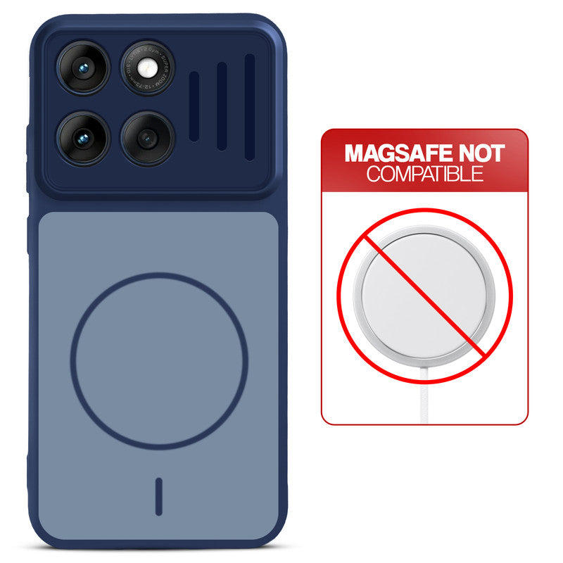 Blue back cover for Motorola Moto Edge 60 5G with printed ring pattern and message showing not compatible with MagSafe charging.