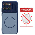 Blue back cover for Motorola Moto Edge 70 5G with printed ring pattern and message showing not compatible with MagSafe charging.
