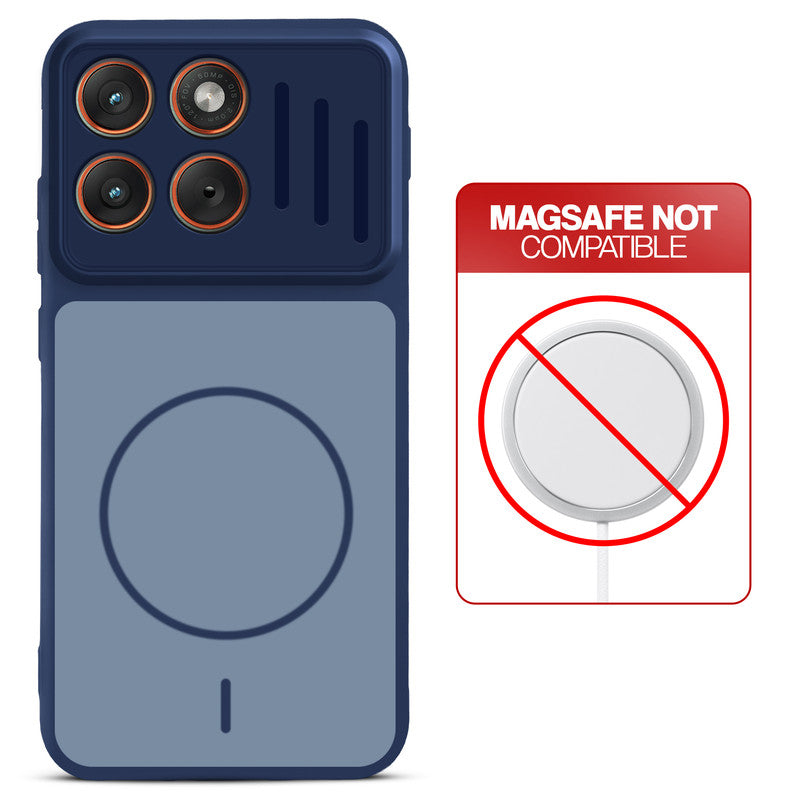 Blue back cover for Motorola Moto Edge 70 5G with printed ring pattern and message showing not compatible with MagSafe charging.