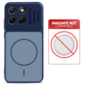 Blue back cover for Motorola Moto Edge 70 Fusion 5G with printed ring pattern and message showing not compatible with MagSafe charging.