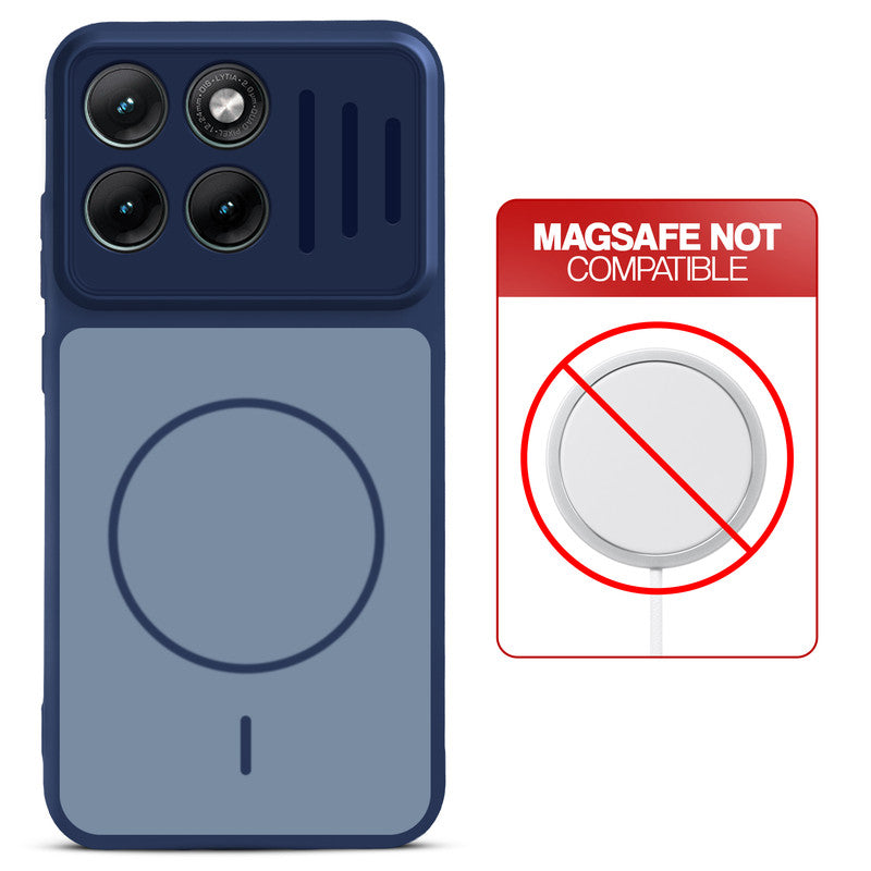 Blue back cover for Motorola Moto Edge 70 Fusion 5G with printed ring pattern and message showing not compatible with MagSafe charging.