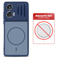 Blue back cover for Motorola Moto G85 5G with printed ring pattern and message showing not compatible with MagSafe charging.