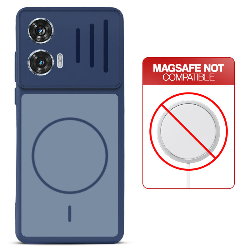 Blue back cover for Motorola Moto G85 5G with printed ring pattern and message showing not compatible with MagSafe charging.