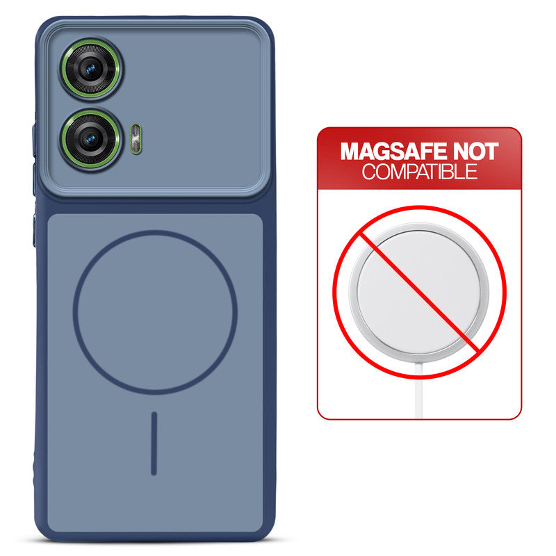 Dual tone silicone Blue phone cover for Motorola Moto G96 5G showing wireless charging not supported notice