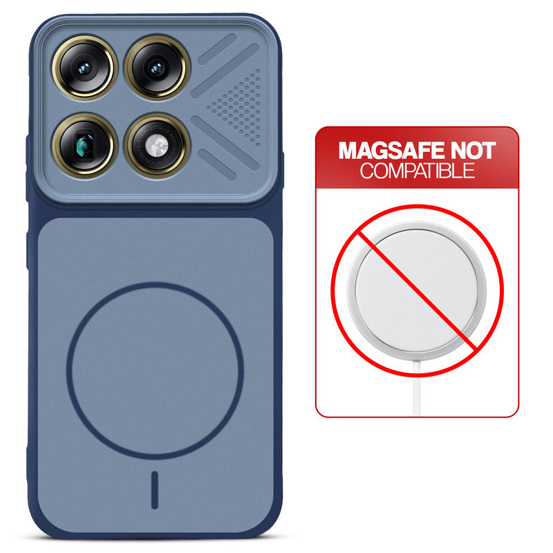Blue back cover for Motorola Signature with printed ring pattern and message showing not compatible with MagSafe charging.