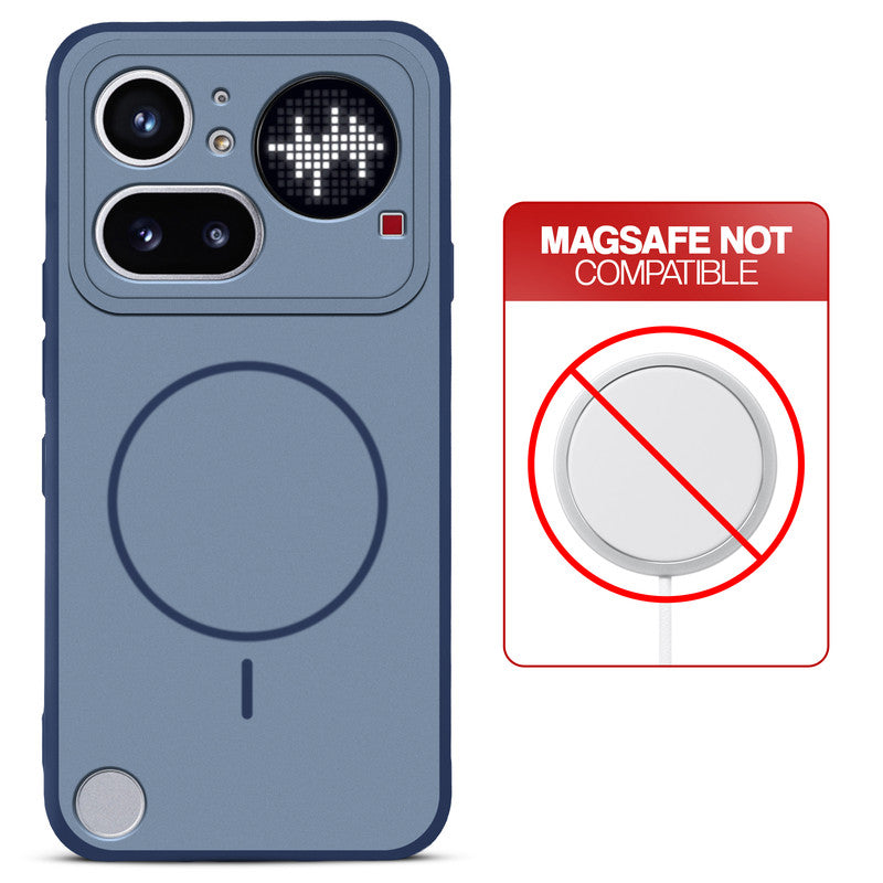 Blue back cover for Nothing Phone 4A Pro 5G with printed ring pattern and message showing not compatible with MagSafe charging.