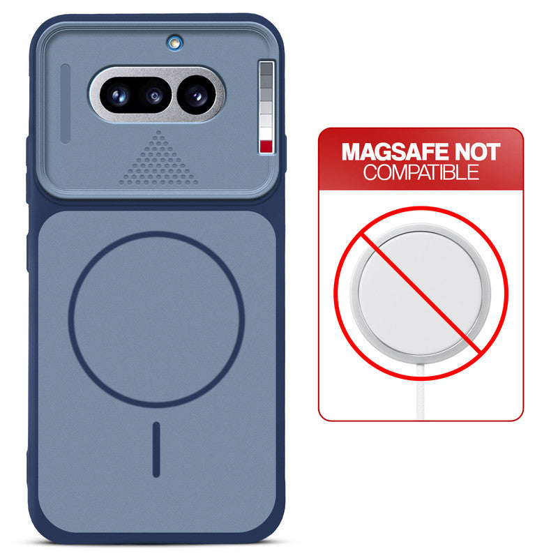 Blue back cover for Nothing Phone 4A 5G with printed ring pattern and message showing not compatible with MagSafe charging.