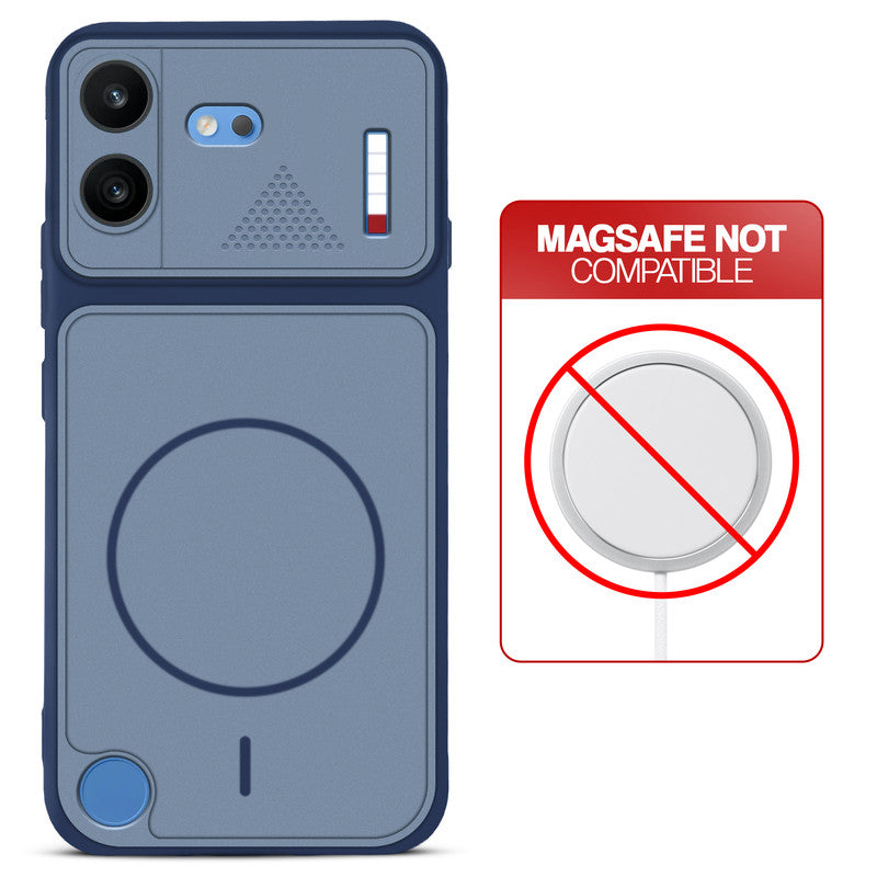 Blue back cover for Nothing Phone 4B 5G with printed ring pattern and message showing not compatible with MagSafe charging.