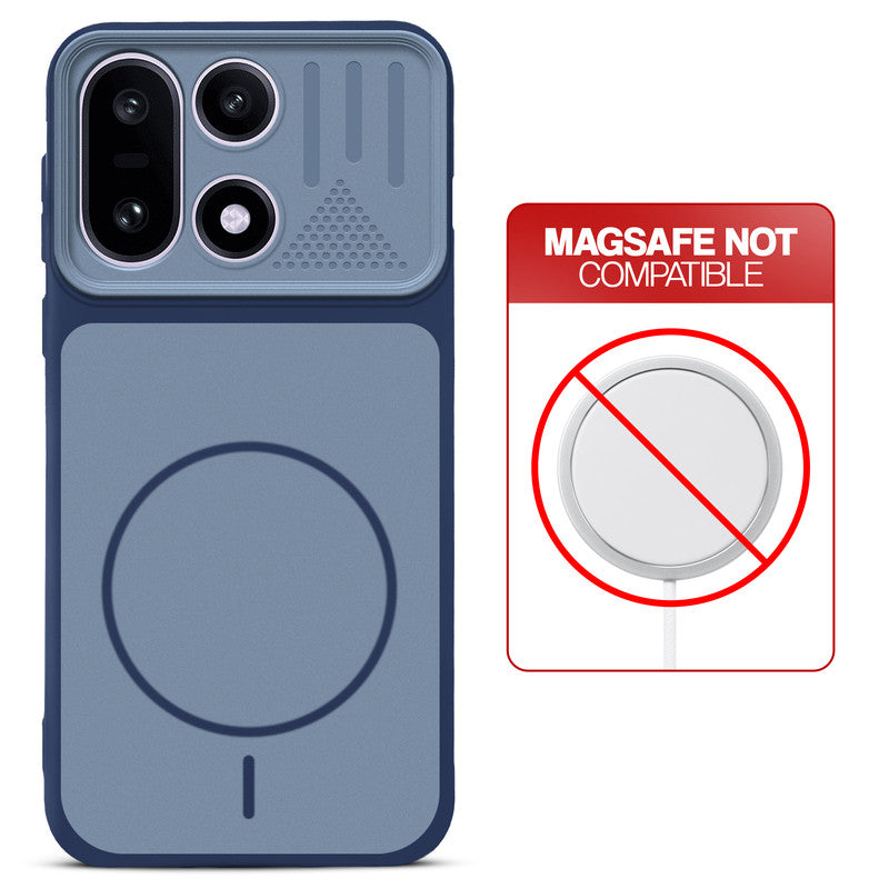 Blue back cover for OnePlus 15 5G with printed ring pattern and message showing not compatible with MagSafe charging.